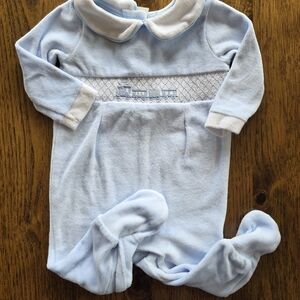Baby Blue Footed Onesie with Train Embroidery